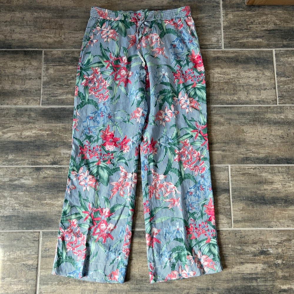 Tommy Bahama Orchid Isle Stripe Easy Pant Women M Blue Floral Linen Wide Leg - Picture 3 of 8